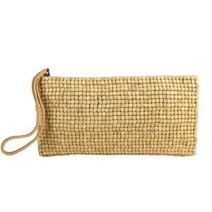Sigrid Olsen WOOD BEIGE GENUINE LEATHER TRIM ZIP PURSE CLUTCH WALLET WRISTLET